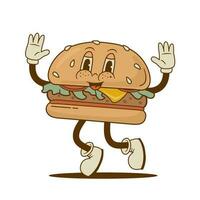 Retro cartoon funny burger character. Vintage street food hamburger mascot vector illustration. Nostalgia 60s, 70s, 80s