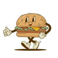 retro dibujos animados gracioso hamburguesa caracteres, mascota. Clásico rápido comida hamburguesa vector ilustración. nostalgia