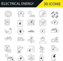 Set of 30 line icons related to energy, electrical energy, electricity. Outline icon collection. Vector illustration. Editable stroke