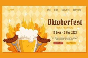 Oktoberfest German beer festival Landing template design. Design with glass of beer, forks with grilled sausage, wheat and leaves. Light yellow rhombus pattern vector