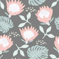 Seamless pattern with exotic protea flowers, monstera leaves. Natural abstract tropical print. Vector graphics.