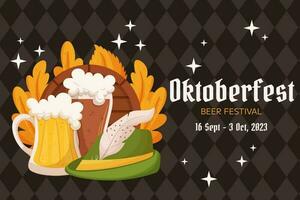 Oktoberfest German beer festival background. Design with glass of light and dark beer, tyrolean hat and leaves. Rhombus pattern on back vector