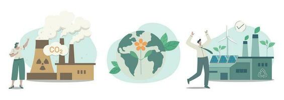 Set of climate change problem concepts. Power plant emission pollution CO2 and sustainable clean factory with renewable energy. Vector design illustration.