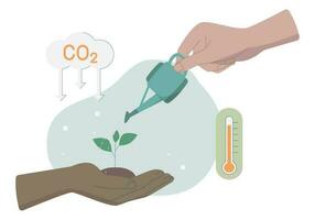 eco simpático sostenible, cuidando manos plantando arboles y riego, clima cambio problema conceptos. vector diseño ilustración.