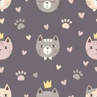 seamless pattern with hand drawn cat muzzles and paw prints on a gray background vector