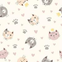 trendy seamless pattern with cute cats in pastel gray and pink vector