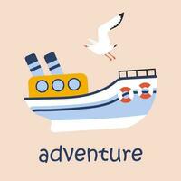 Cute ship and seagull. Adventure. Sea voyage. Idea for a greeting card. Vector illustration. Pink isolated background.