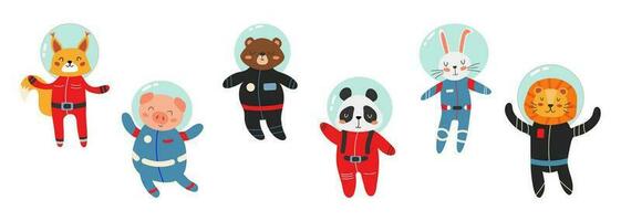 Vector set of space animals in spacesuits. Panda, rabbit, bear, squirrel, pig, lion in flat style. Concept for children's banner, greeting card, print. Isolated objects on white background.