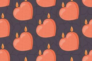 Decorative interior flat candle in the shape of a heart with a flame. Vector seamless cartoon pattern.