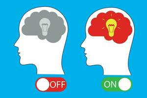 Brain turn on and off. Intelligence concept with human head silhouette on or off toggle switch inside. Modern vector illustration.
