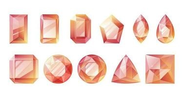 Expensive cut ruby red gems and diamonds. Set of vector isolated precious jewelry in different shapes.