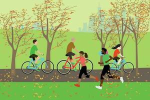 gente relajándose en el hermoso parque urbano de otoño caminando montando en bicicleta y comunicándose vector