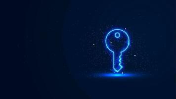 A futuristic glowing key symbol with plexus lines and glitter particles. A key in the neon light style. The concept of success. Digital technology background vector