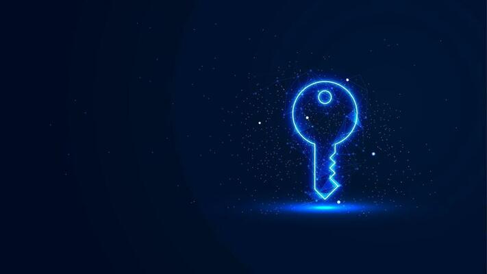 A futuristic glowing key symbol with plexus lines and glitter particles. A key in the neon light style. The concept of success. Digital technology background