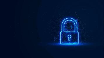 Futuristic glowing padlock with plexus lines and glitter particles. A padlock in the neon light style. Cyber security, data, and privacy protection. Digital technology background vector