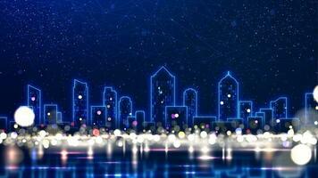 Abstract cityscape night scene with glowing neon buildings and blurred lights. Modern technological developments, futuristic cities, and plexus lines background vector