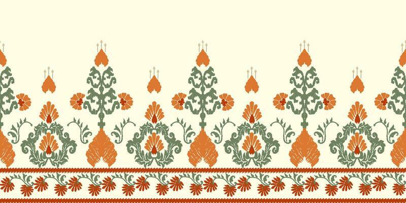 Ikat paisley seamless pattern, traditional seamless pattern, pale yellow background, aztec style, embroidery, abstract, vector, design illustration for texture, fabric, print.