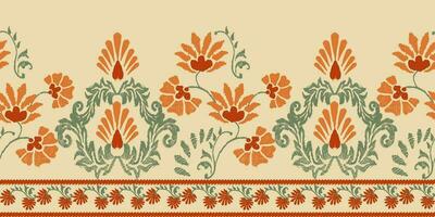 ikat floral cachemir bordado en amarillo fondo, tradicional geométrico étnico patrón, azteca resumen estilo vector ilustración.