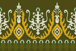 Seamless ikat repeats modern handmade batik design.  On a green background, vintage style. vector