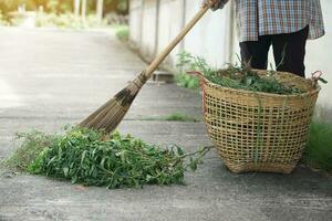 Closeup vellager holds stick broom to sweep pile of grass beside the street and put in the basket. Concept, community service, get rid of grass and garbage beside street. photo