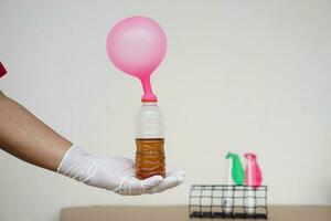 Hand holds pink inflated balloons on top of transparent test bottles with soft drink mix baking soda. Concept, science experiment about reaction of chemical substance. photo