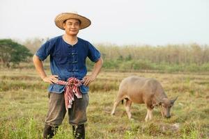 hermoso asiático hombre granjero usa sombrero, azul camisa, poner manos en cintura, soportes a animal granja. concepto, ganado, tailandés agricultores aumento y tomar cuidado búfalos como económico y exportar animales foto