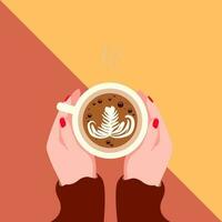 Vector illustration of a woman hand holding a cup of hot coffee with leaf shaped foam. warm autumn time hot coffee with leaf.