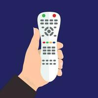 TV remote control device isolated in hand on blue background Television technology channel surfing equipment with icon buttons Technology Telecommunication Keyboard. Vector. vector