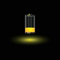 Discharged empty battery glowing with yellow light charging status indicator isolated on black background. Realistic glass power battery. 3d vector illustration.