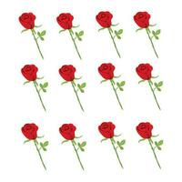 Set of decorative red rose silhouette with green leaves. Vector illustration. Flower icon.