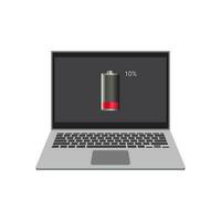 Laptop computer with low battery icon on screen, flat vector illustration EPS 10.