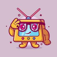 gracioso televisión personaje mascota con Okay firmar mano gesto aislado dibujos animados en plano estilo diseño vector