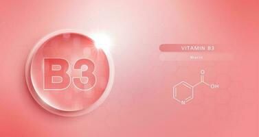 Drop water vitamin B3 red and structure. vitamin solution complex with chemical formula from nature. beauty treatment nutrition skin care design. medical and scientific concepts for cosmetic. vector. vector