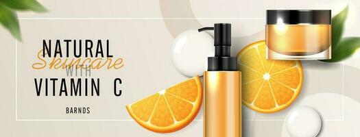 Cosmetics vitamin C or skin care product ads with bottle, realistic package mockup. banner ad for beauty products and orange background. vector design.