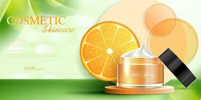 productos cosméticos vitamina C o piel cuidado producto anuncios con botella, realista paquete Bosquejo. bandera anuncio para belleza productos y naranja antecedentes. vector diseño.