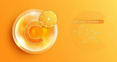 Drop water vitamin c orange and structure. vitamin solution complex with chemical formula from nature. beauty treatment nutrition skin care design. medical and scientific concepts for cosmetic. vector