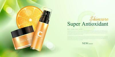 productos cosméticos vitamina C o piel cuidado producto anuncios con botella, realista paquete Bosquejo. bandera anuncio para belleza productos y naranja antecedentes. vector diseño.