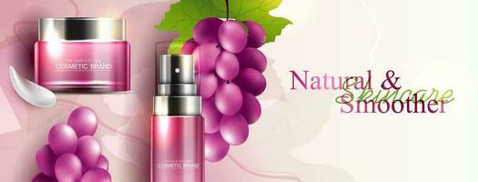 Grape seed cosmetics or skin care product ads with bottle, banner ad for beauty products, leaf and grape on background glittering light effect. vector design.