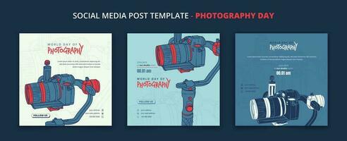 Set of social media post template for photography day with camera and stabilizer in vector design