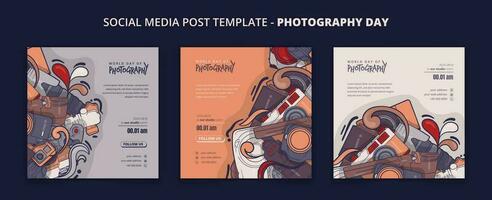 Set of social media post template with camera in doodle art for photography day campaign vector