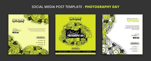 Green Social media post template with doodle art of cameras design for photography day campaign vector