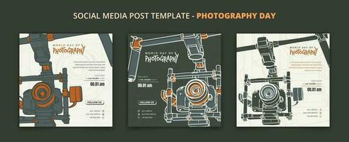 Camera with stabilizer in social media post template for photography day campaign design vector