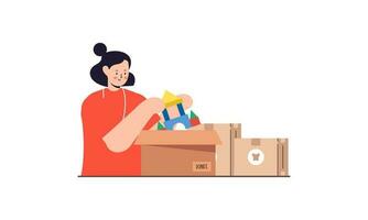 Donation and charity concept sorting donated toys into boxes for poor children illustration vector