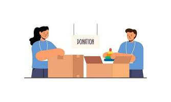 Donation and charity concept sorting donated toys into boxes for poor children illustration vector