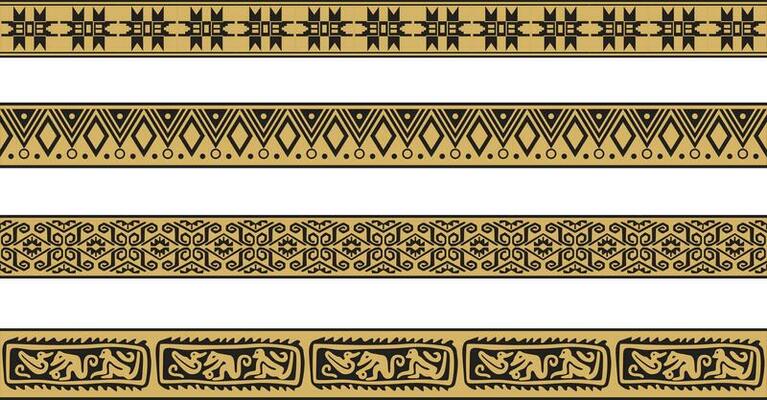 Vector set of gold and black native american ornamental seamless borders. Framework of the peoples of America, Aztecs, Maya, Incas