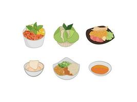 set of icons of food rice bowl, noodle, chicken porridge with spicy sauce and chips vector
