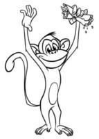 Cartoon funny monkey holding kebab or falafel roll streetfood. Vector illustration of happy monkey chimpanzee outlines for coloring pages book