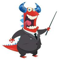 Cartoon happy monster office clerk with a pointer presenting. Vector illustration of dragon in a suite