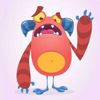 Happy cool cartoon fat monster. Red and horned vector monster character waving