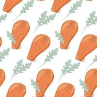 Seamless pattern of abstract image of salmon steak with sprigs of arugula. Healthy food Day. Seafood vector